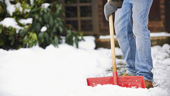A snow shovel clearing snow of walkway