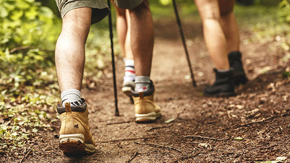 A hiker picking up garbage while walking in park