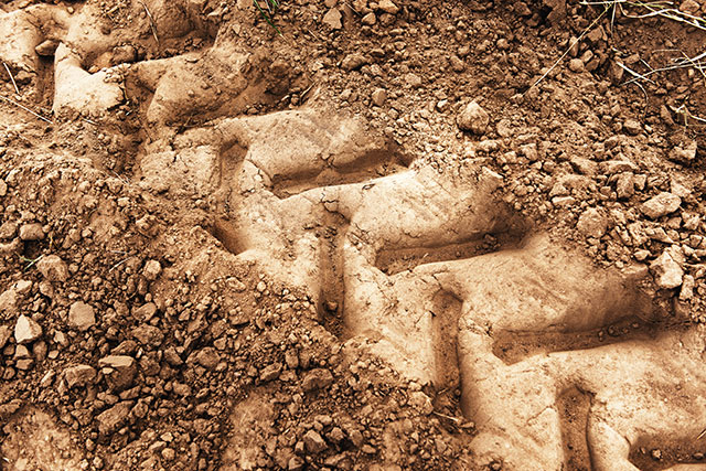 Tire tracks in the dirt. 